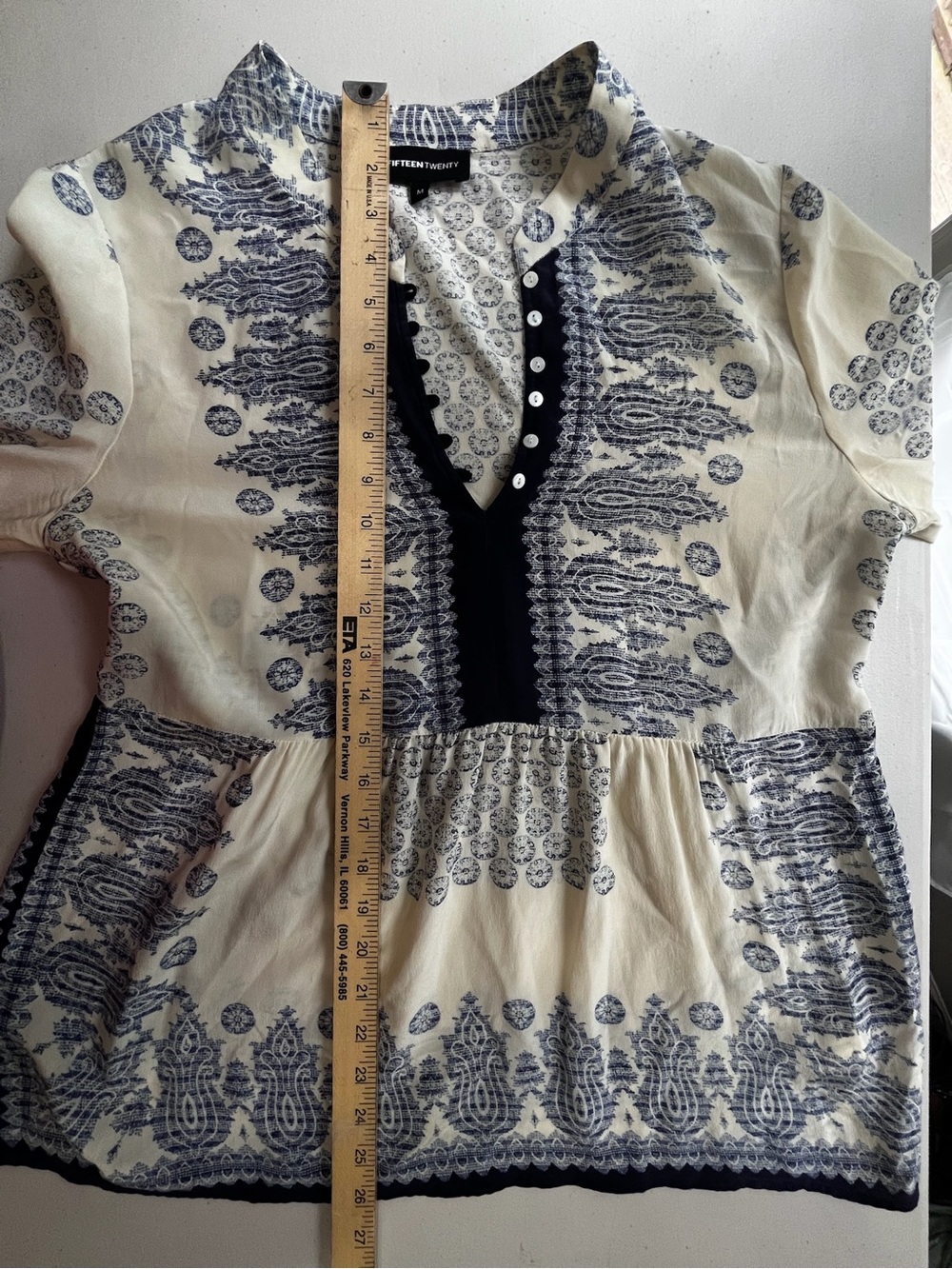 Fifteen Twenty 100% Silk Blue Ivory Boho Print Tunic Blouse size Medium - Picture 6 of 7